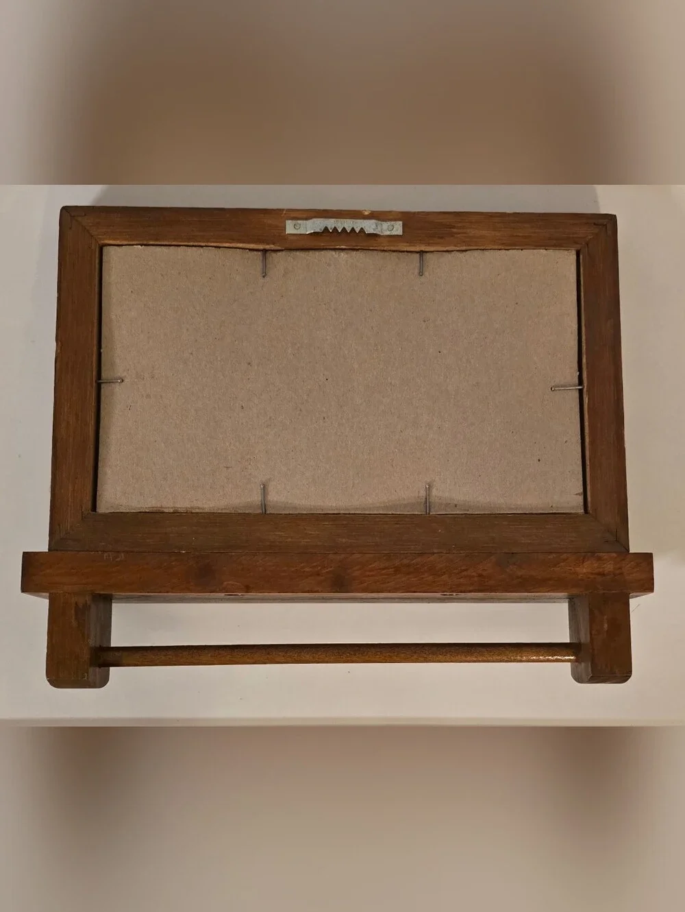 Vintage Needlepoint Shaving Sign Wooden Bathroom Shelf Towel Rack Shaves 5 Cents
